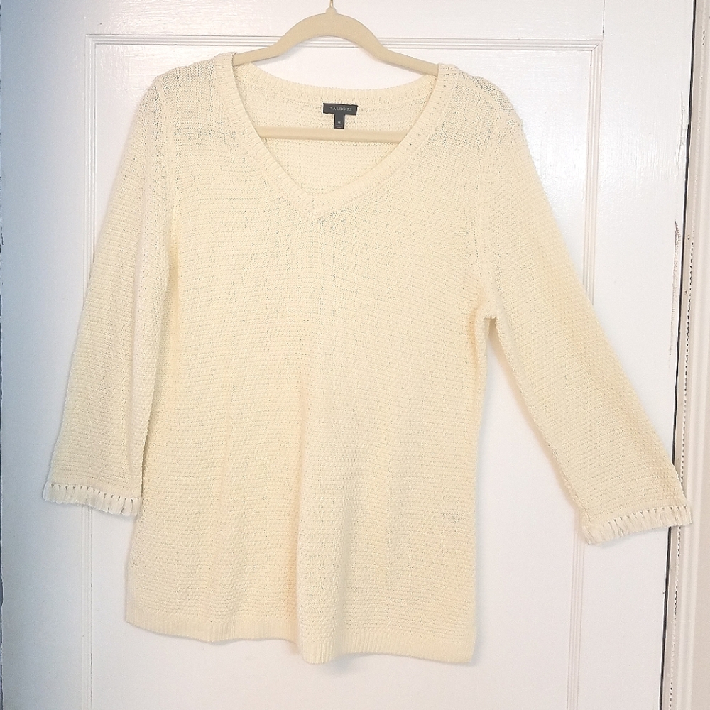 Talbots Textured V-Neck w/ Fringe Trimmed Sleeves
